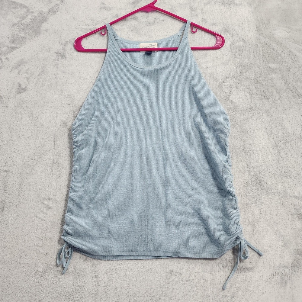 Universal Thread Top Womens L Blue Ribbed Knit High Neck Ruched Side Tank Casual